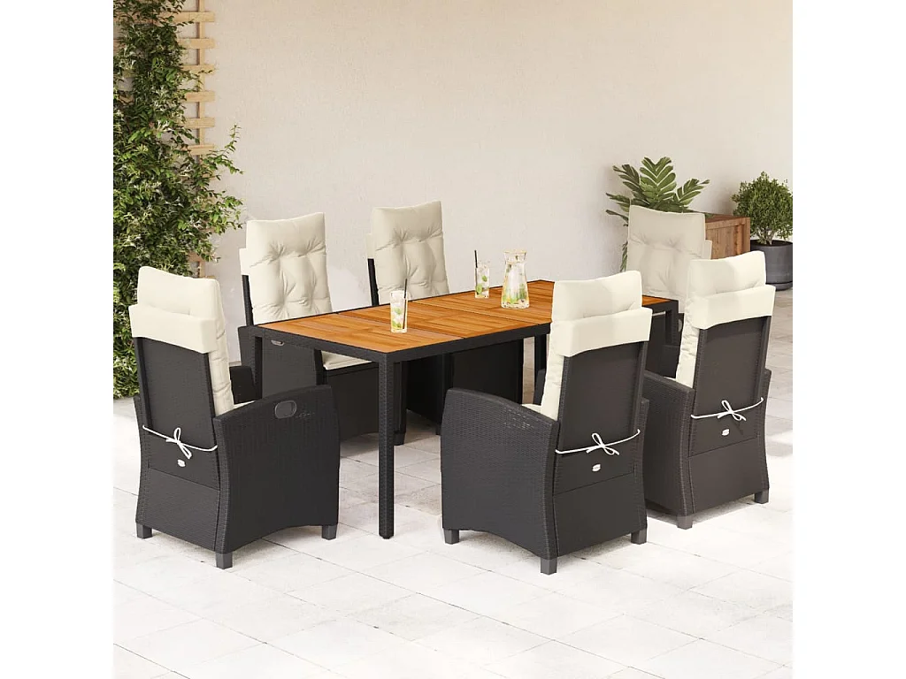 Set de comedor de jardín 7 piezas y cojines ratán sintético negro