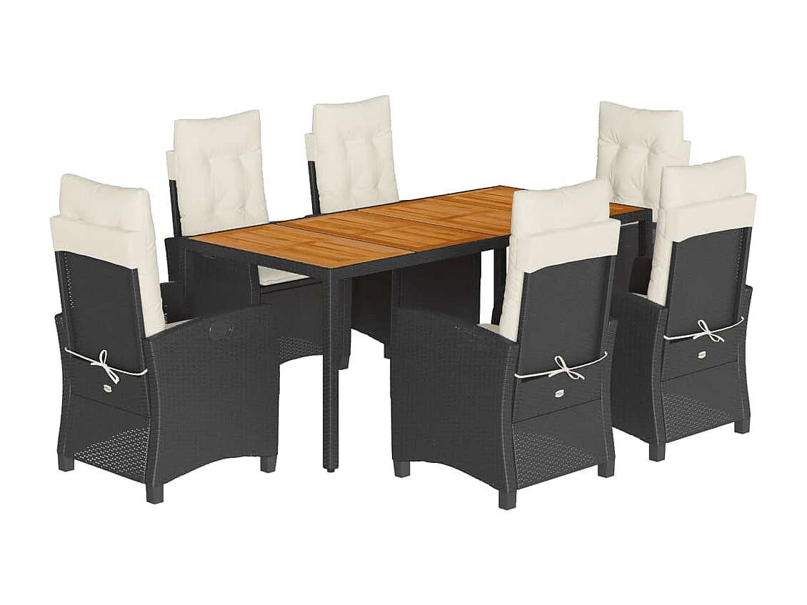 Set de comedor de jardín 7 piezas y cojines ratán sintético negro