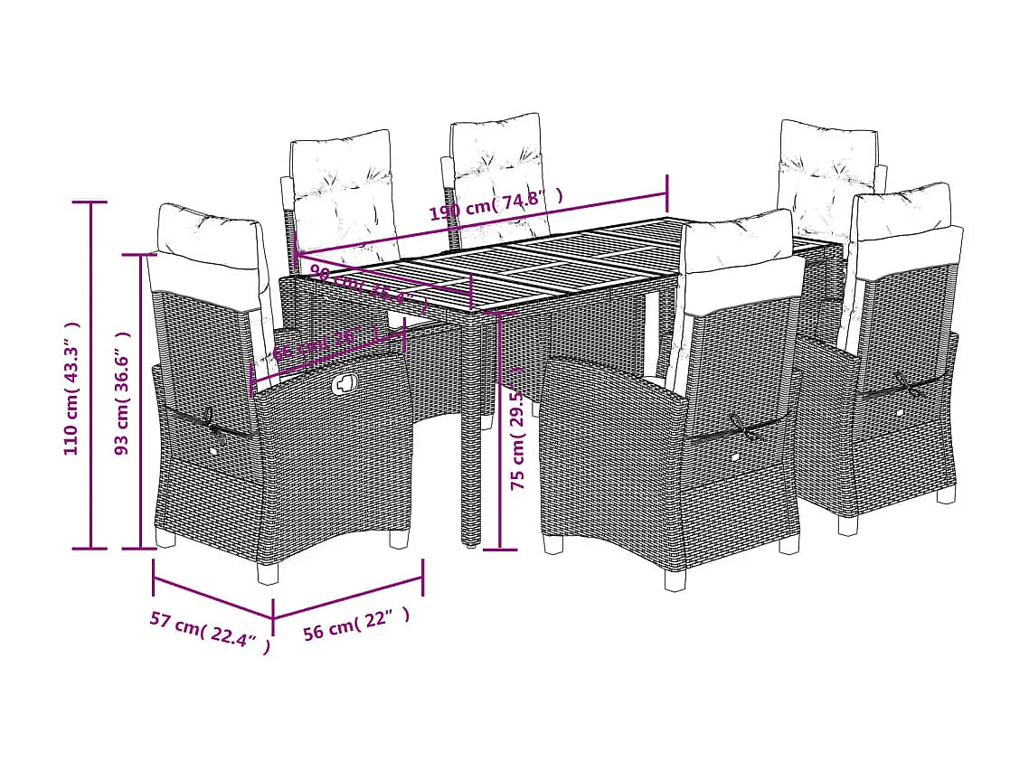 Set de comedor de jardín 7 piezas y cojines ratán sintético negro