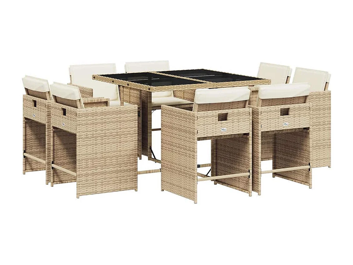 Ensemble à manger de jardin et coussins 9 pièces beige Poly rotin