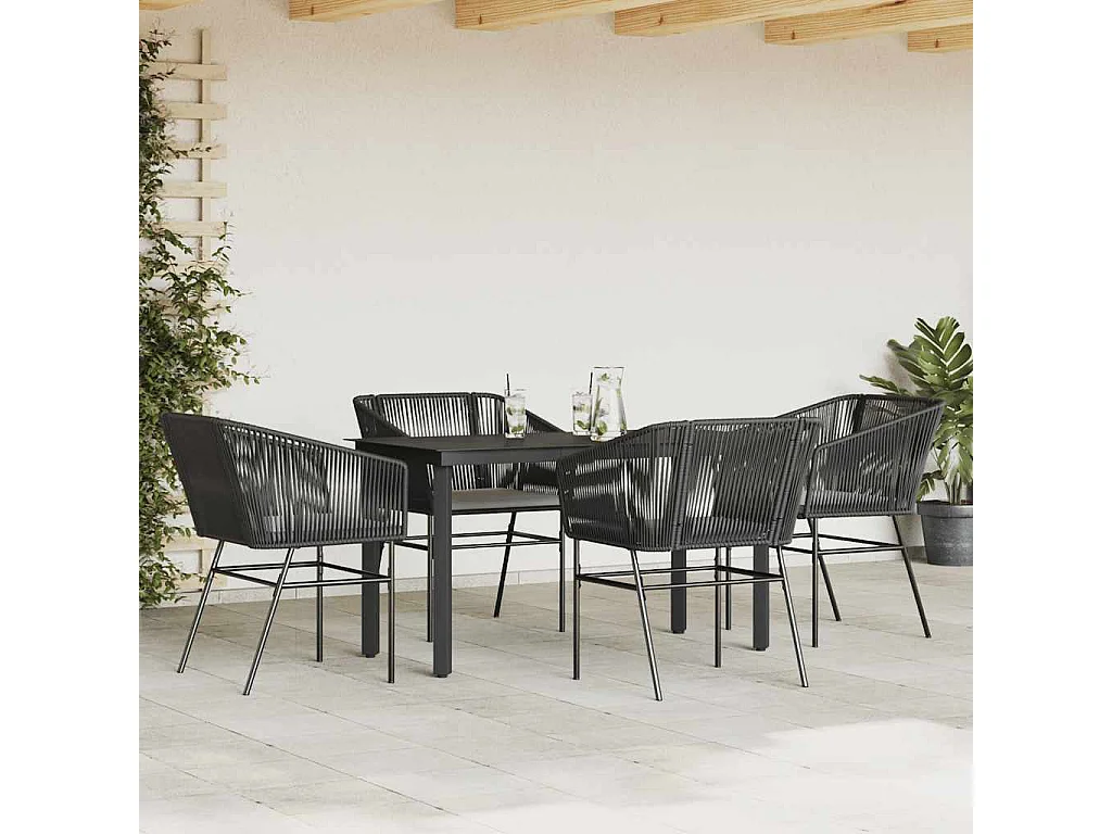 Juego de comedor jardín 5 piezas cojines ratán sintético negro