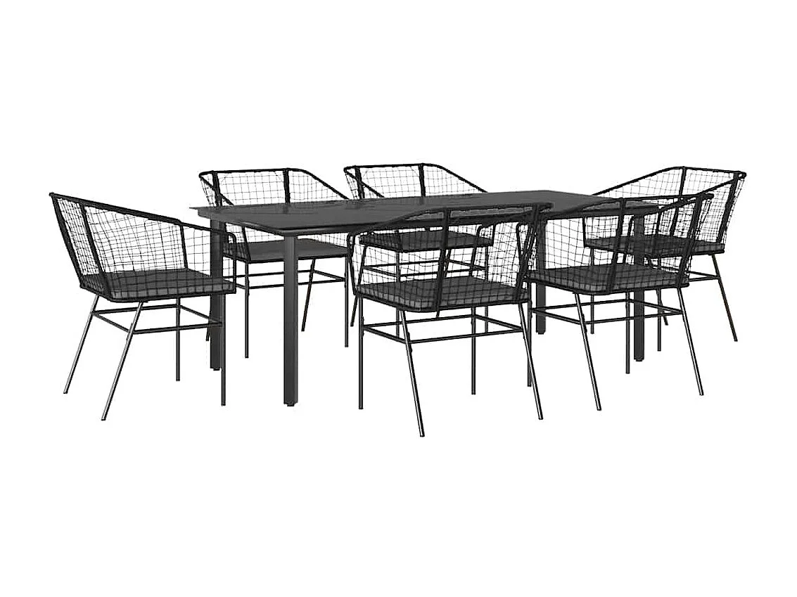 Ensemble à manger de jardin coussins 7pièces noir poly rotin verre