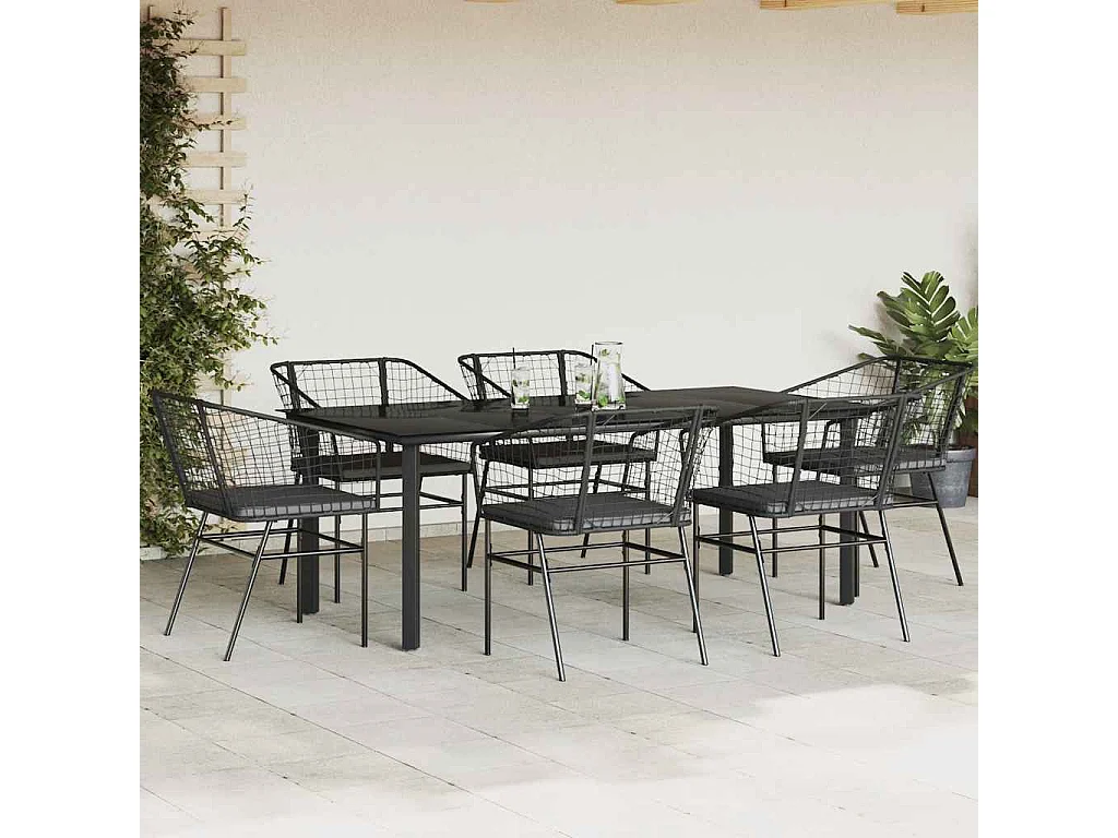 Ensemble à manger de jardin coussins 7pièces noir poly rotin verre