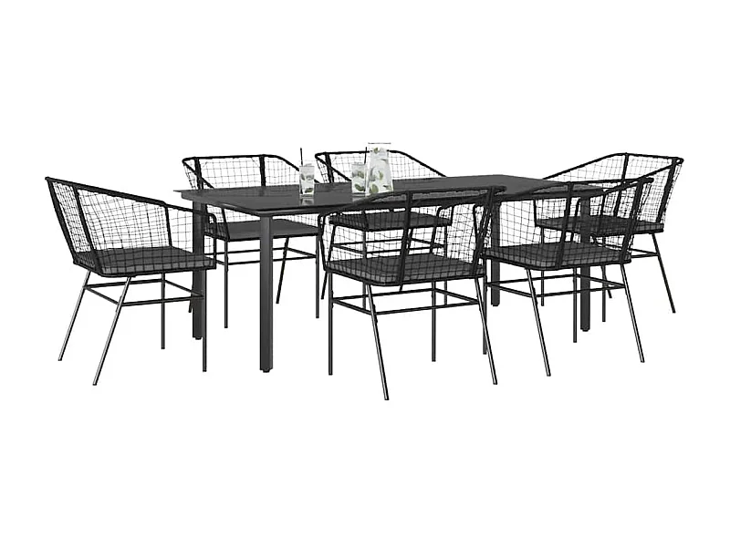 Ensemble à manger de jardin coussins 7pièces noir poly rotin verre