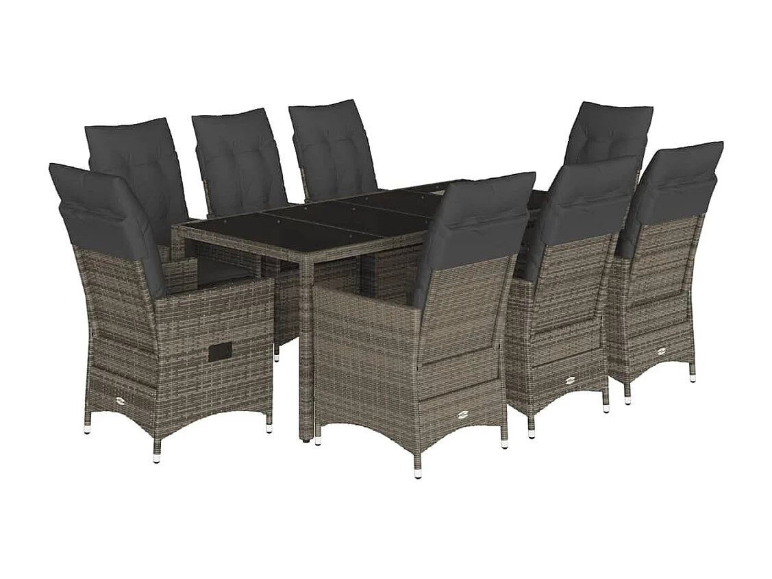 Set comedor jardín 9 piezas y cojines ratán sintético gris