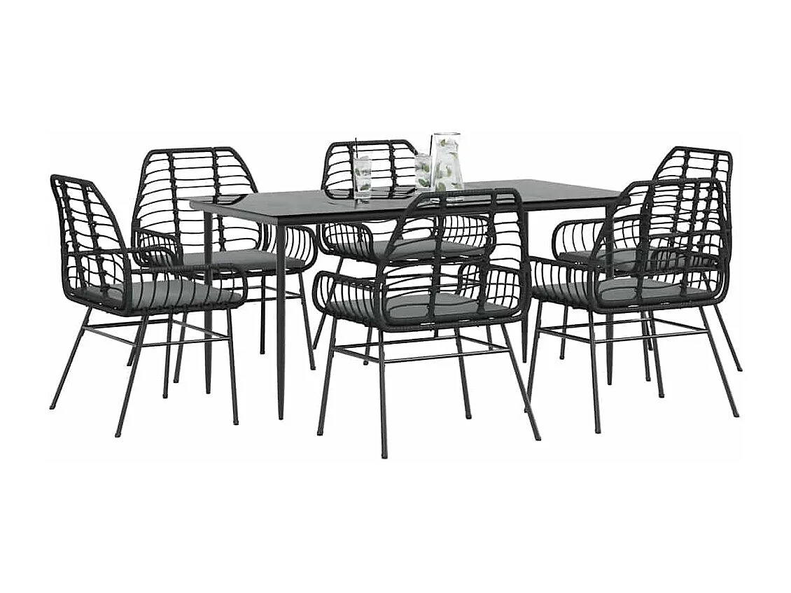 Ensemble à manger de jardin coussins 7pièces noir poly rotin verre