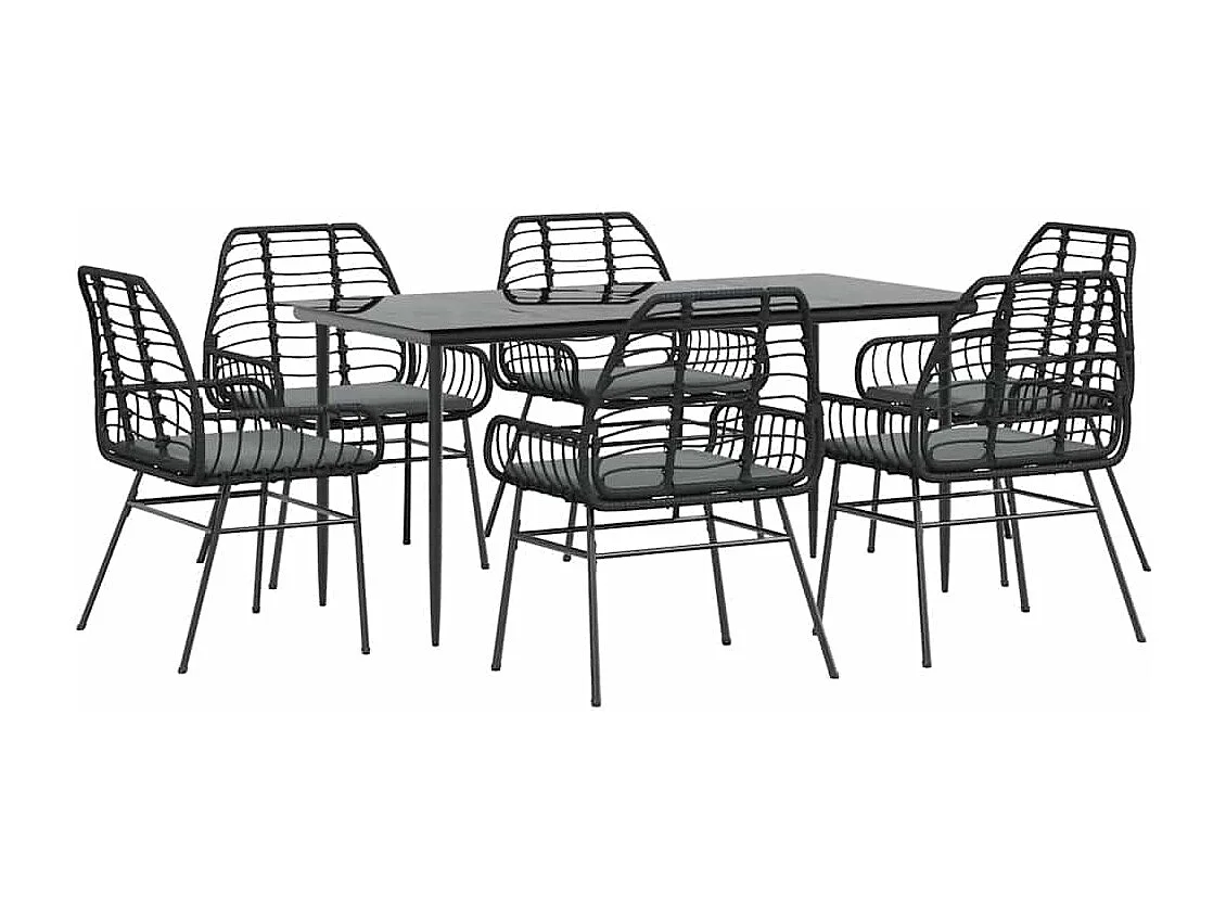 Ensemble à manger de jardin coussins 7pièces noir poly rotin verre
