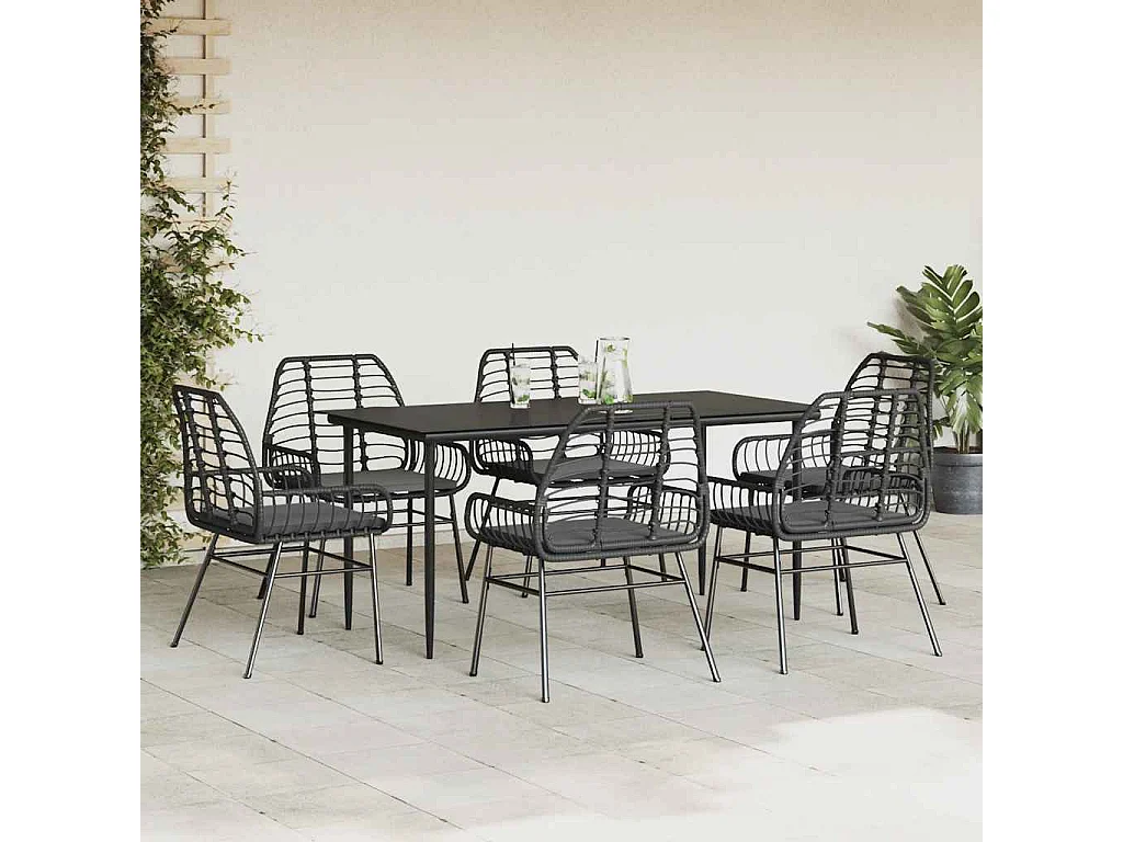 Ensemble à manger de jardin coussins 7pièces noir poly rotin verre