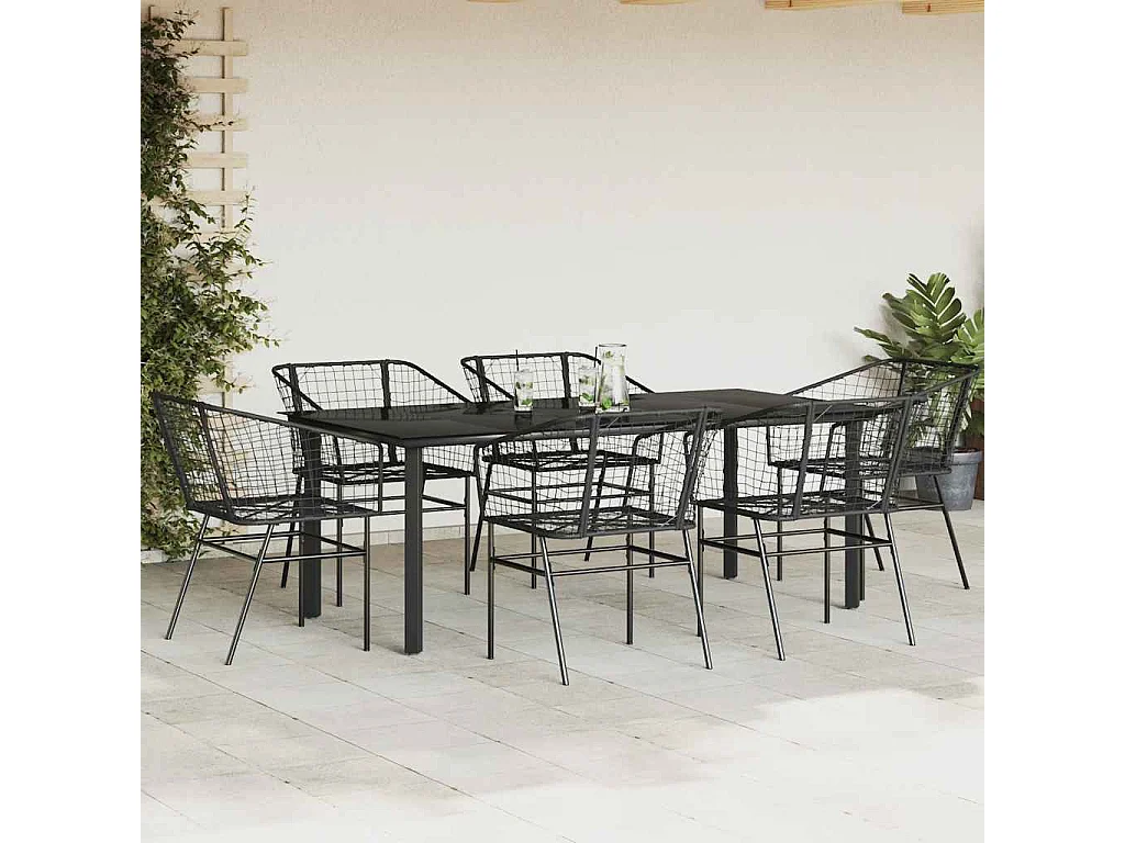 Ensemble à manger de jardin 7pièces noir poly rotin verre