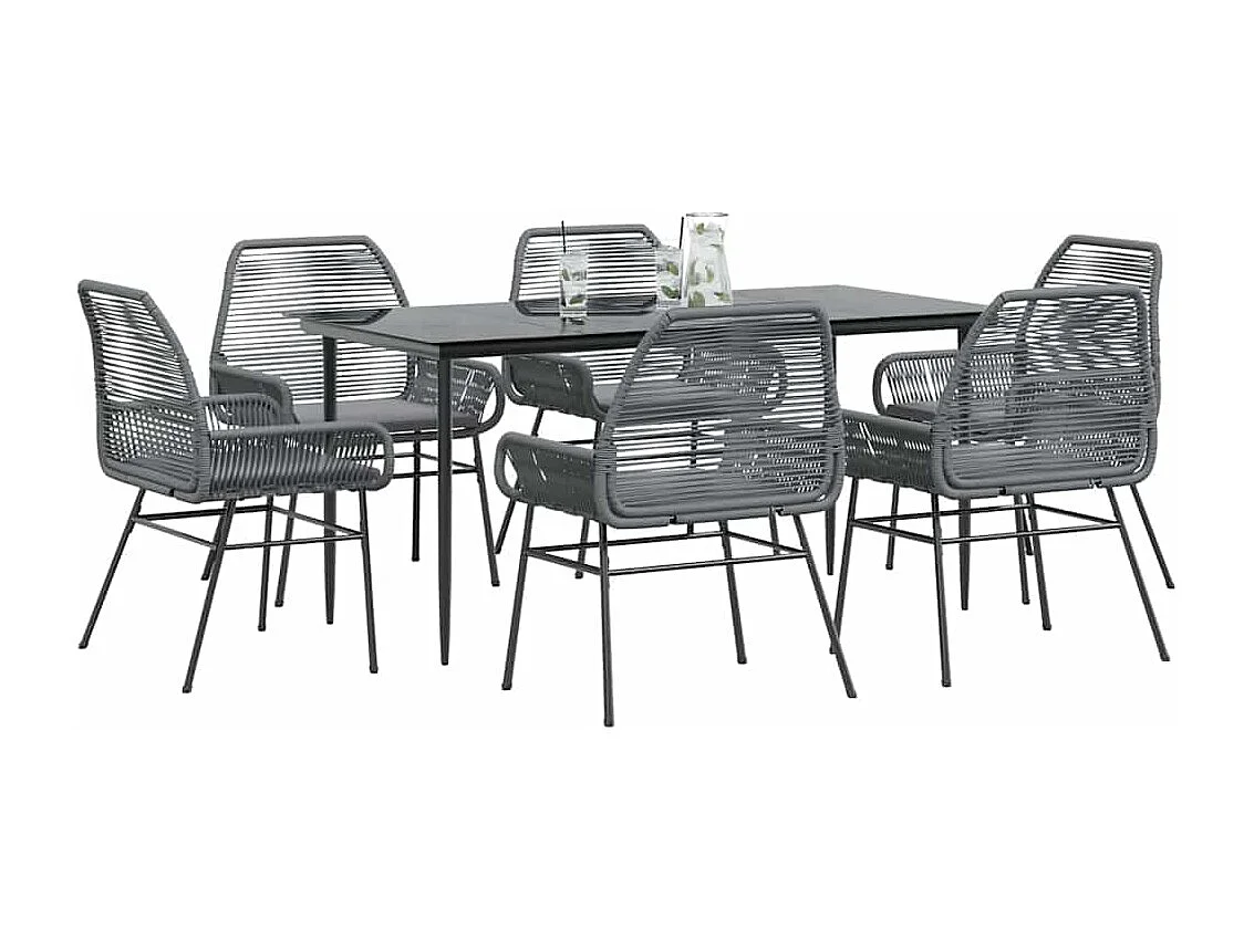 Ensemble à manger jardin coussins 7 pièces gris poly rotin verre