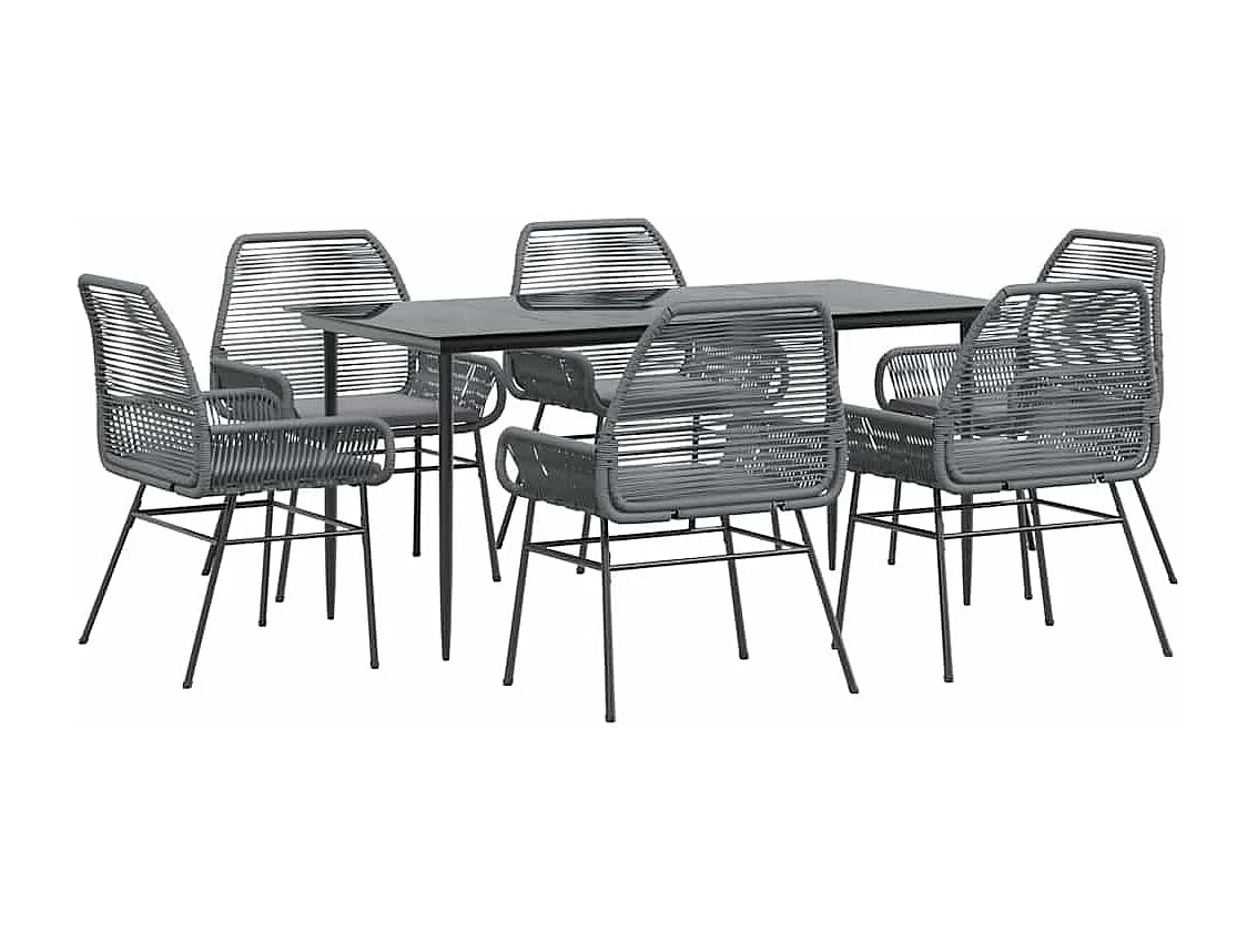 Ensemble à manger jardin coussins 7 pièces gris poly rotin verre