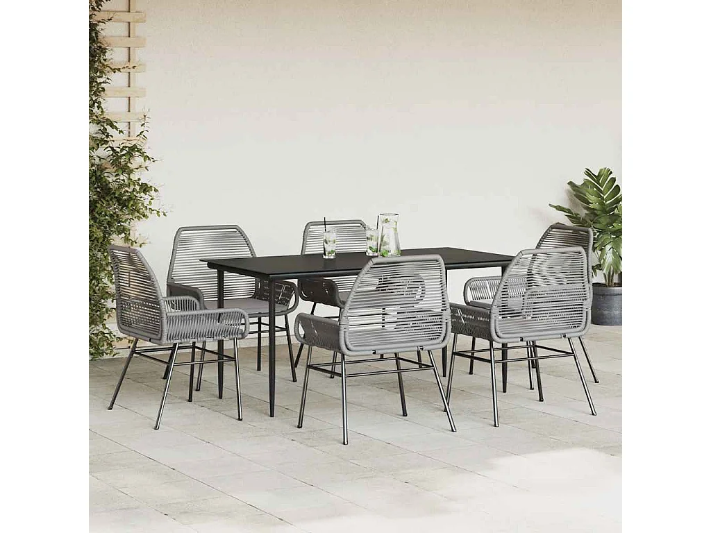 Ensemble à manger jardin coussins 7 pièces gris poly rotin verre