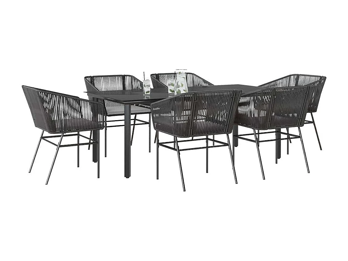 Ensemble à manger de jardin coussins 7pièces noir poly rotin verre