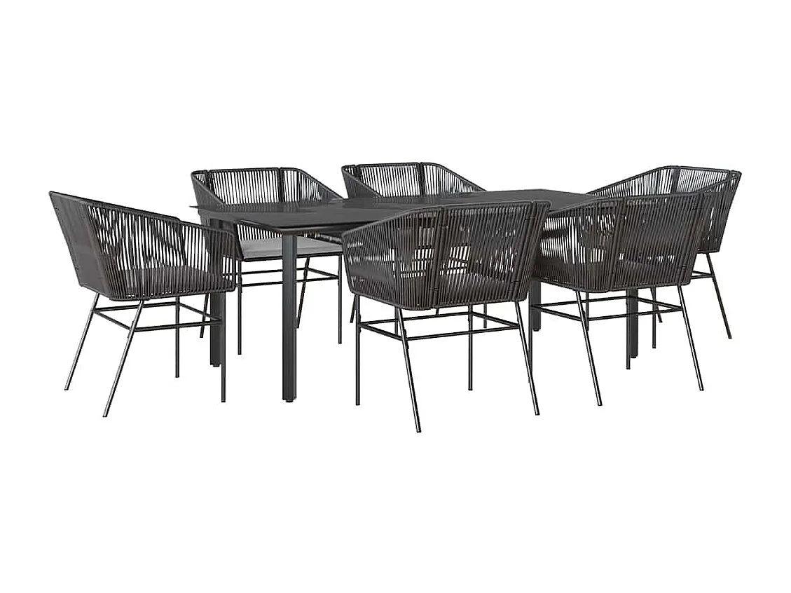 Ensemble à manger de jardin coussins 7pièces noir poly rotin verre