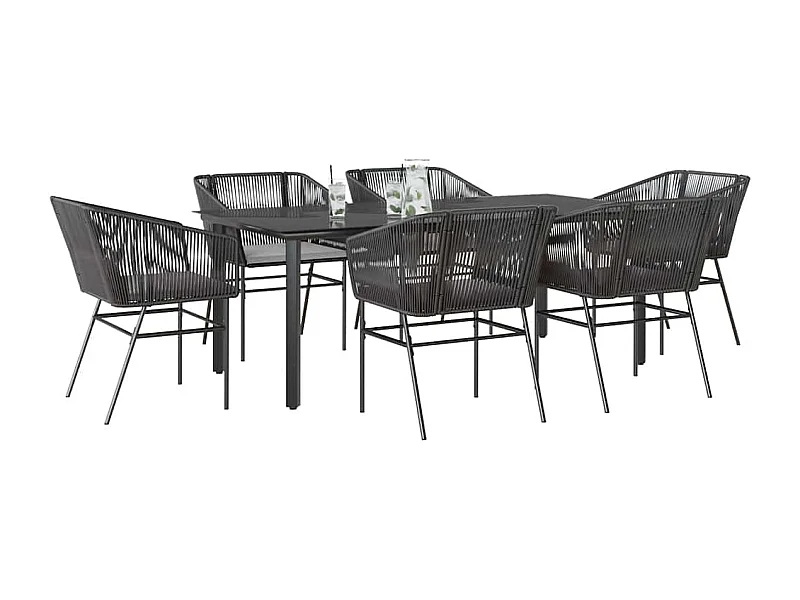 Ensemble à manger de jardin coussins 7pièces noir poly rotin verre