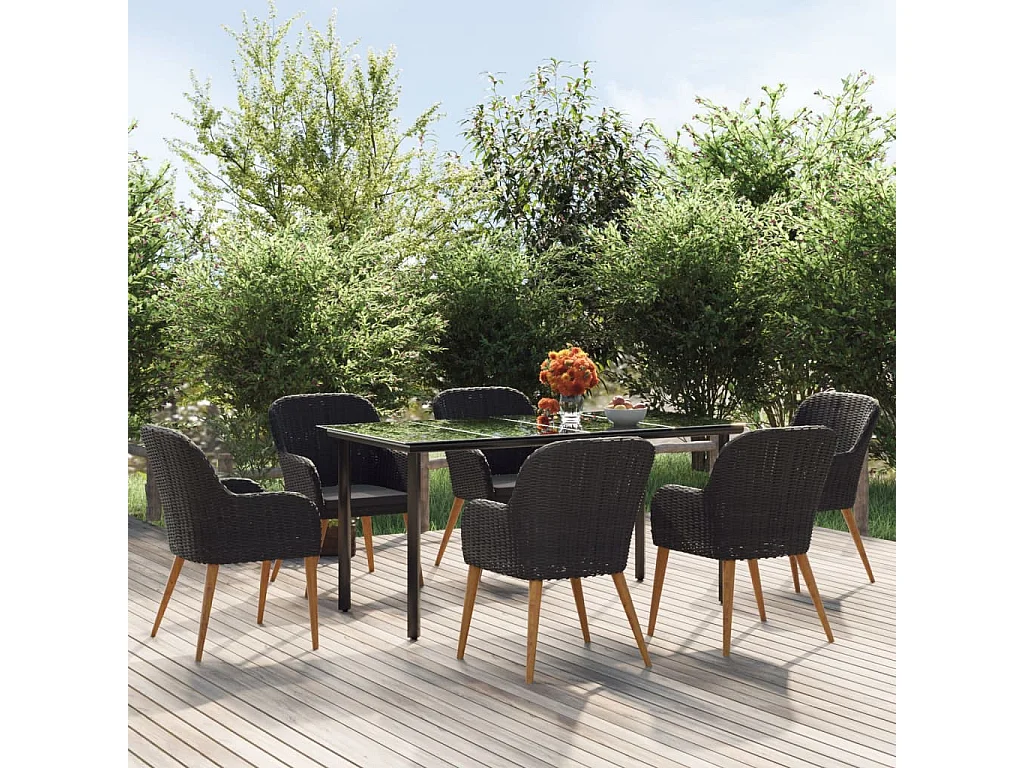 Juego de comedor de jardín 7 piezas con cojines negro
