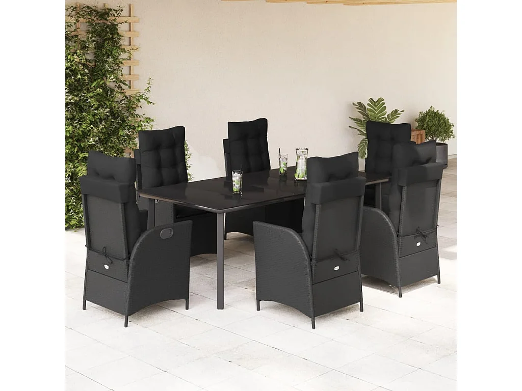 Ensemble à manger de jardin coussins 7pièces Noir Résine tressée