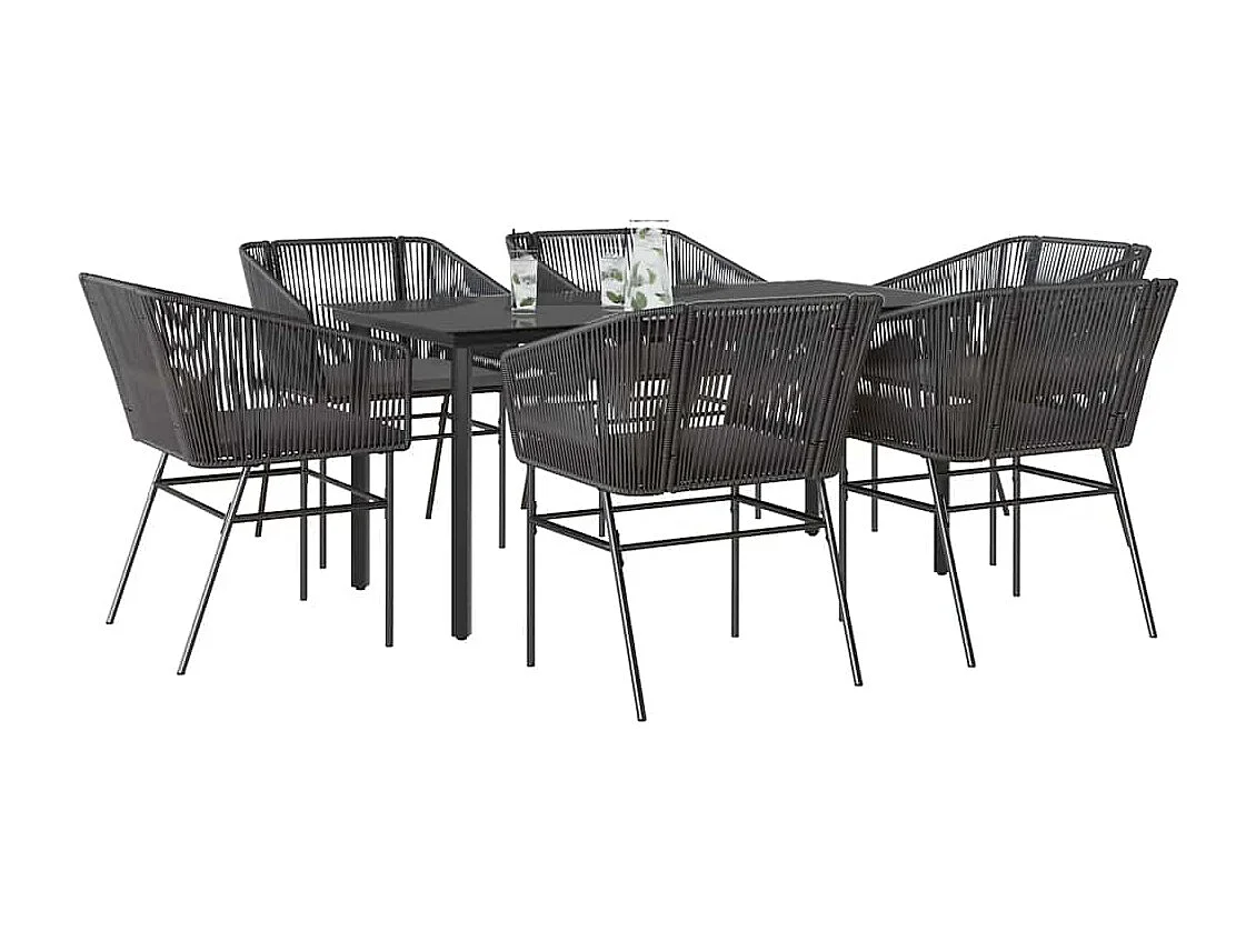 Ensemble à manger de jardin coussins 7pièces noir poly rotin verre