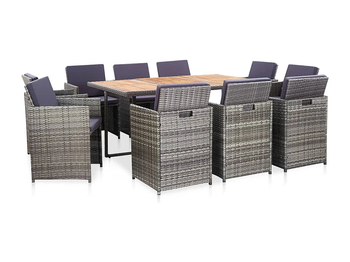 Set de comedor de jardín 11 piezas y cojines ratán sintético gris