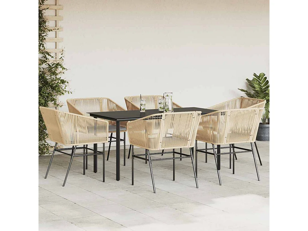 Ensemble à manger jardin coussins 7pièces marron poly rotin verre