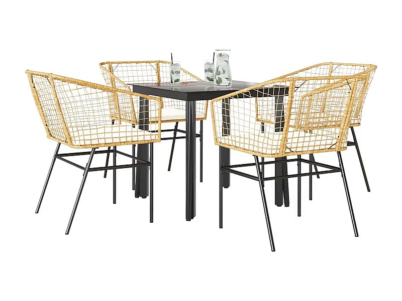 Ensemble à manger jardin coussins 5 pièces marron poly rotin verre