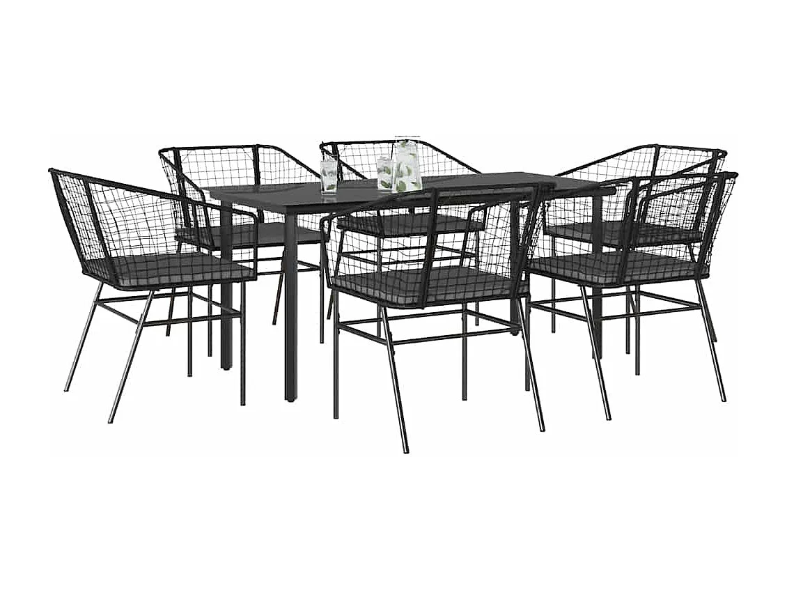 Ensemble à manger de jardin coussins 7pièces noir poly rotin verre