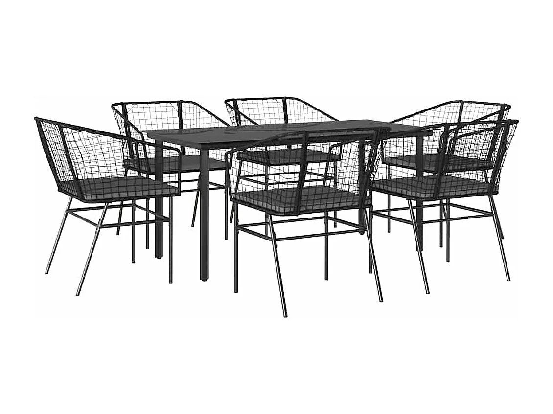 Ensemble à manger de jardin coussins 7pièces noir poly rotin verre