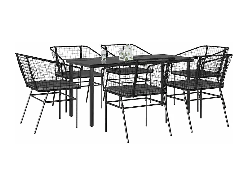 Ensemble à manger de jardin coussins 7pièces noir poly rotin verre