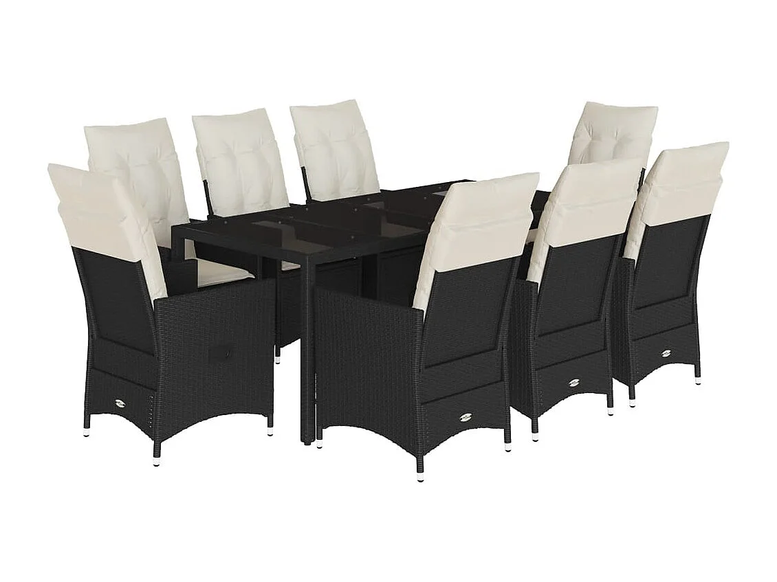 Set de comedor de jardín 9 piezas y cojines ratán sintético negro