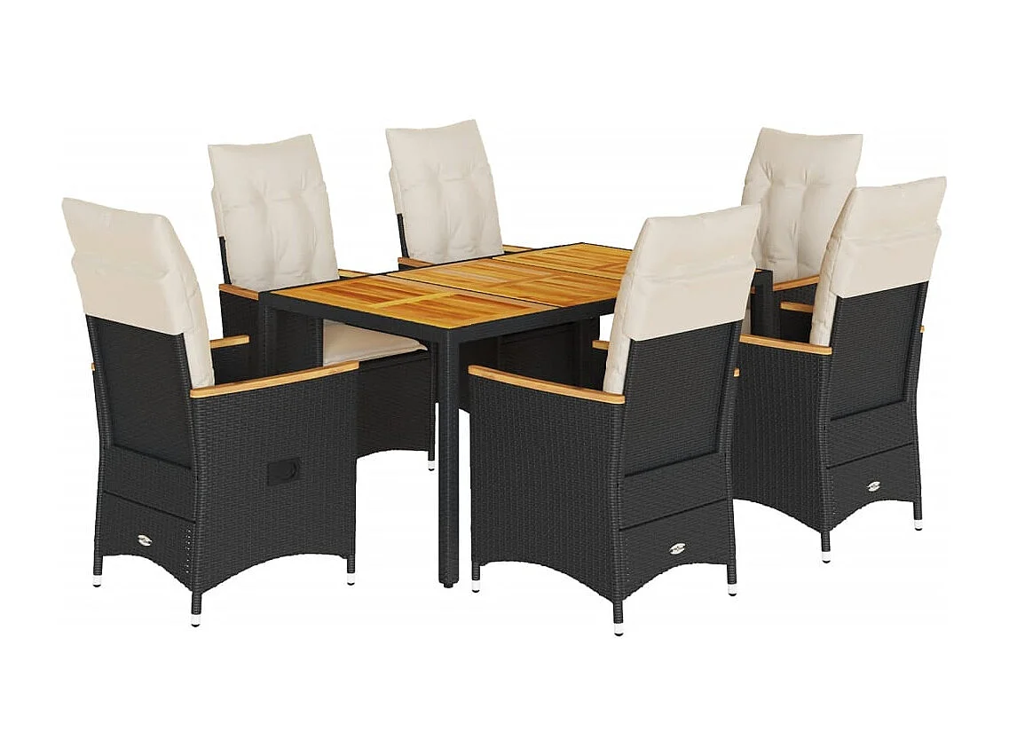 Set de comedor de jardín 7 piezas y cojines ratán sintético negro