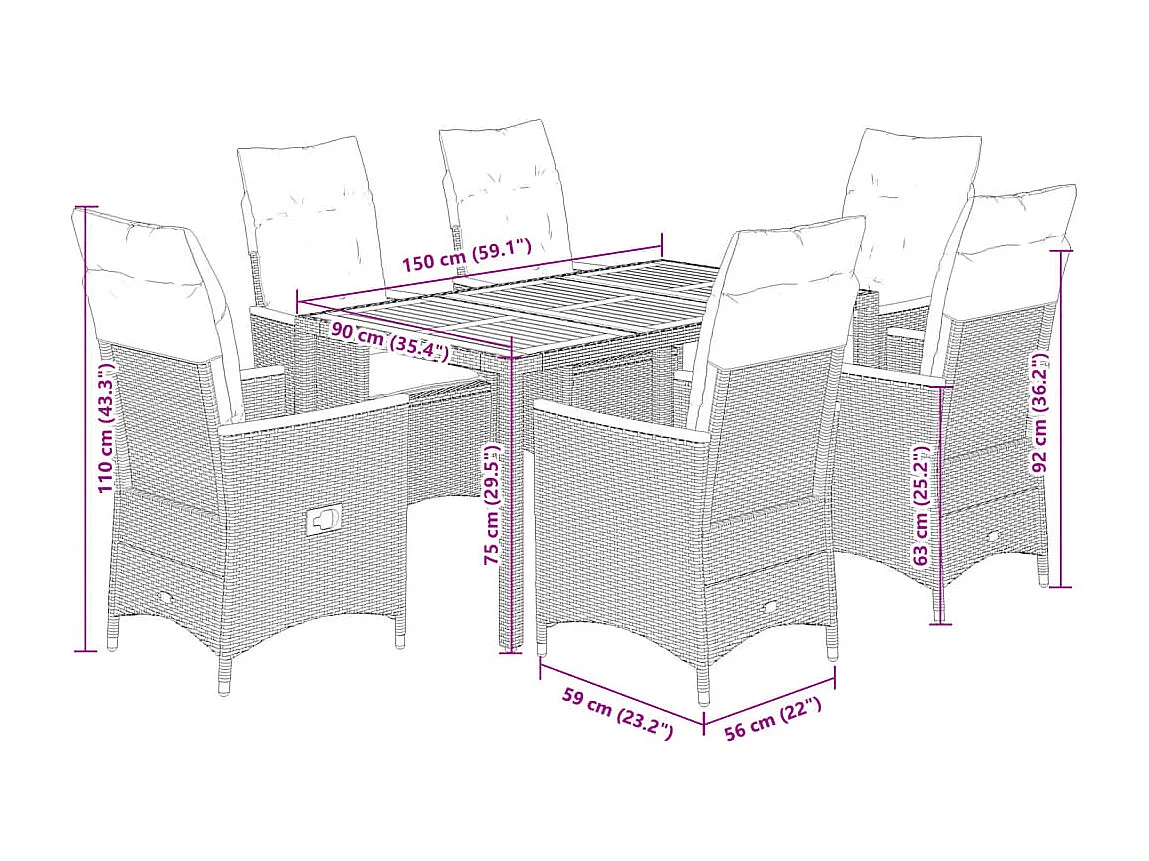 Set de comedor de jardín 7 piezas y cojines ratán sintético negro