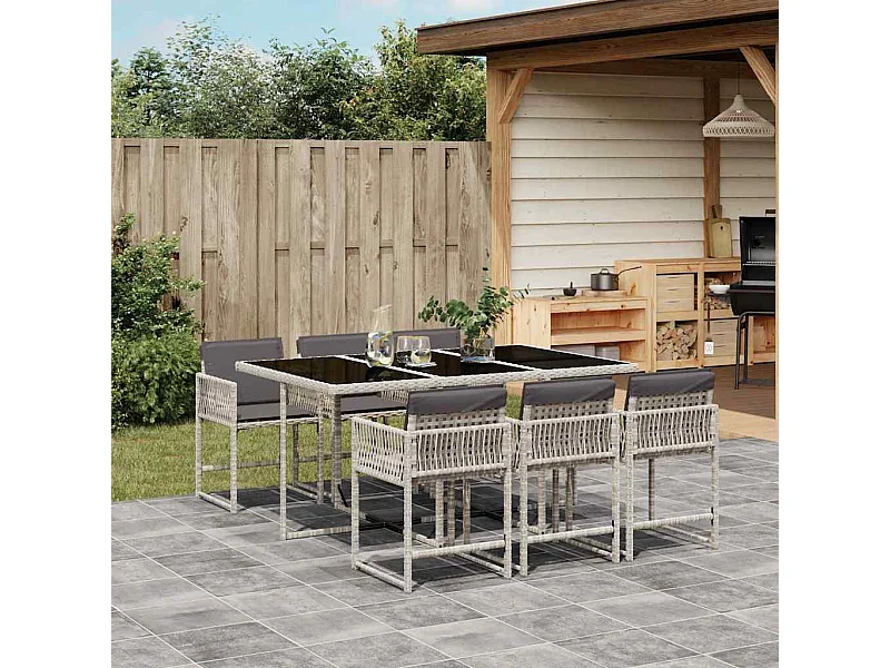 Ensemble à manger de jardin et coussins 7 pièces gris clair rotin