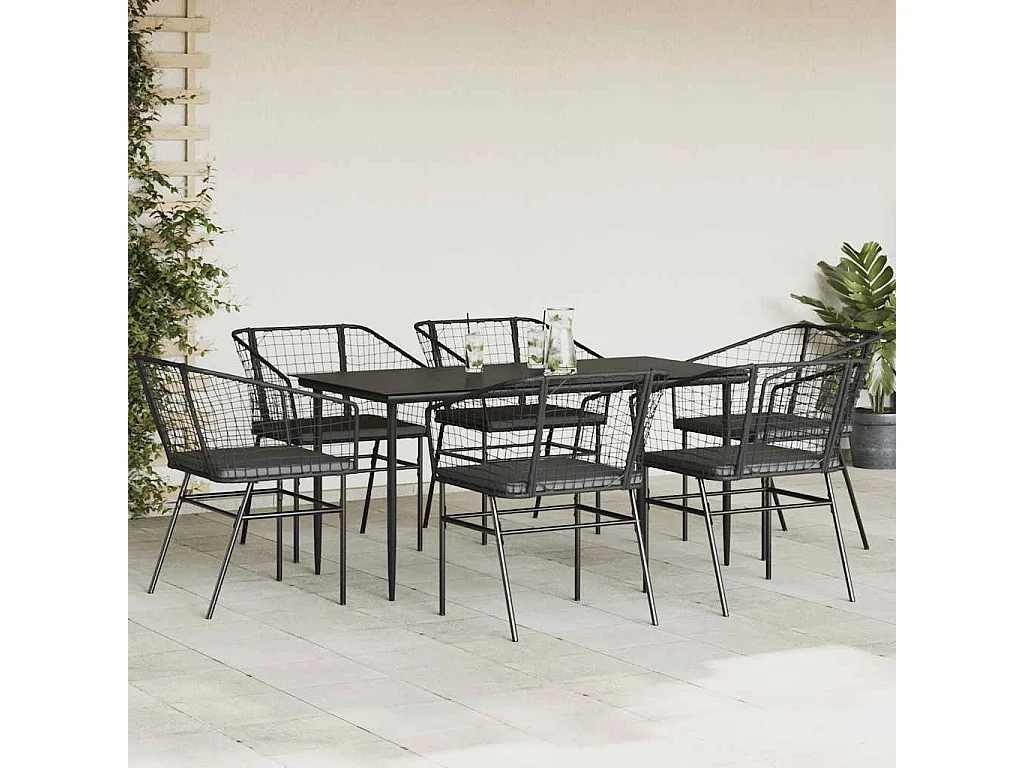 Set de comedor de jardín 7 piezas cojines ratán sintético negro