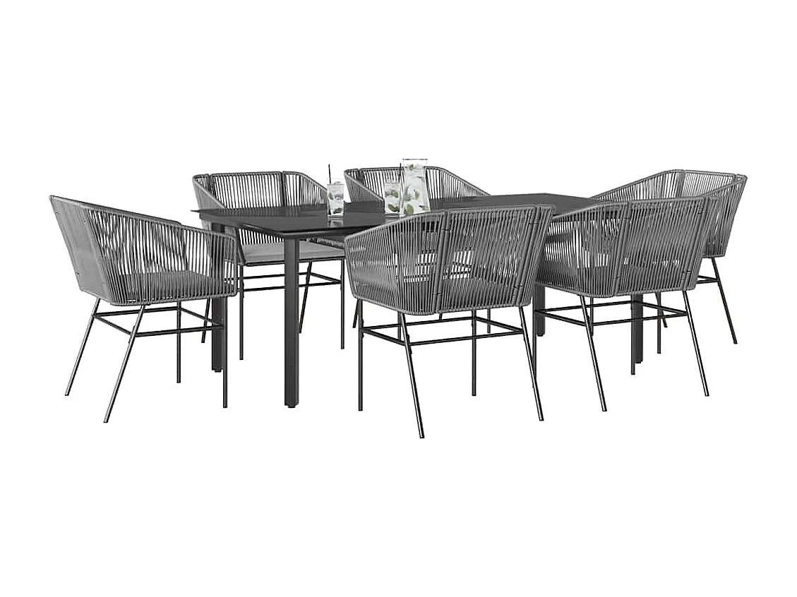 Ensemble à manger jardin coussins 7 pièces gris poly rotin verre