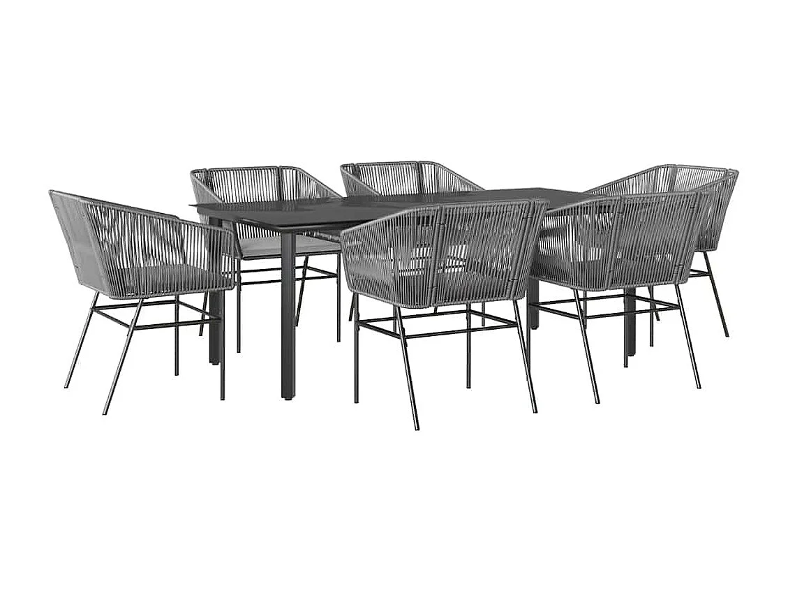 Ensemble à manger jardin coussins 7 pièces gris poly rotin verre