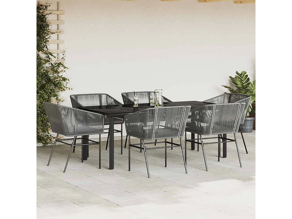 Ensemble à manger jardin coussins 7 pièces gris poly rotin verre
