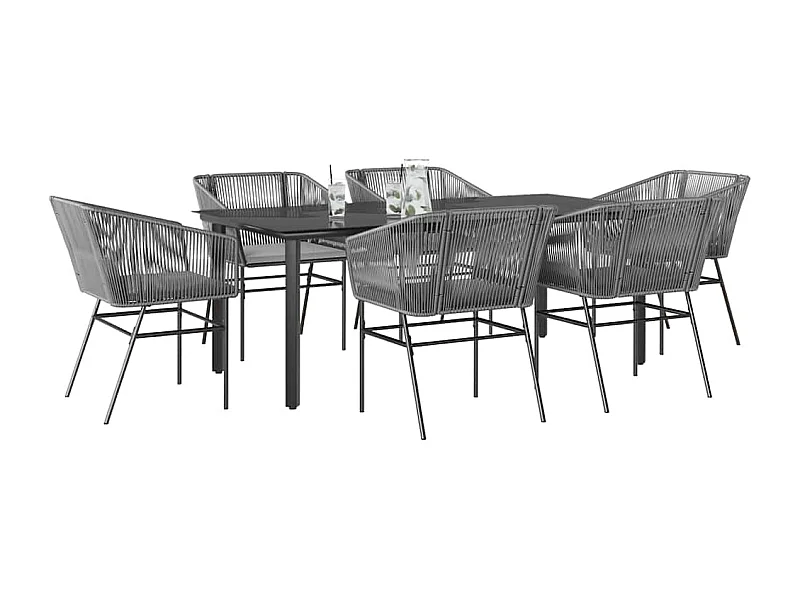 Ensemble à manger jardin coussins 7 pièces gris poly rotin verre