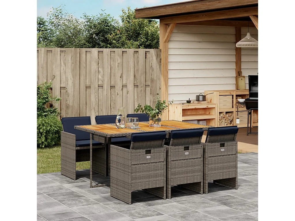 Ensemble à manger de jardin 7 pièces coussins gris résine tressée