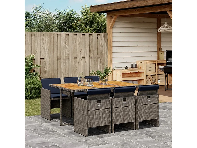 Ensemble à manger de jardin 7 pièces coussins gris résine tressée