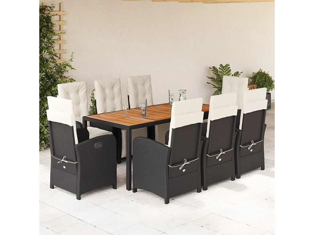 Ensemble à manger de jardin 9 pièces coussins noir résine tressée