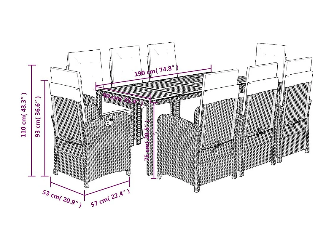 Ensemble à manger de jardin 9 pièces coussins noir résine tressée