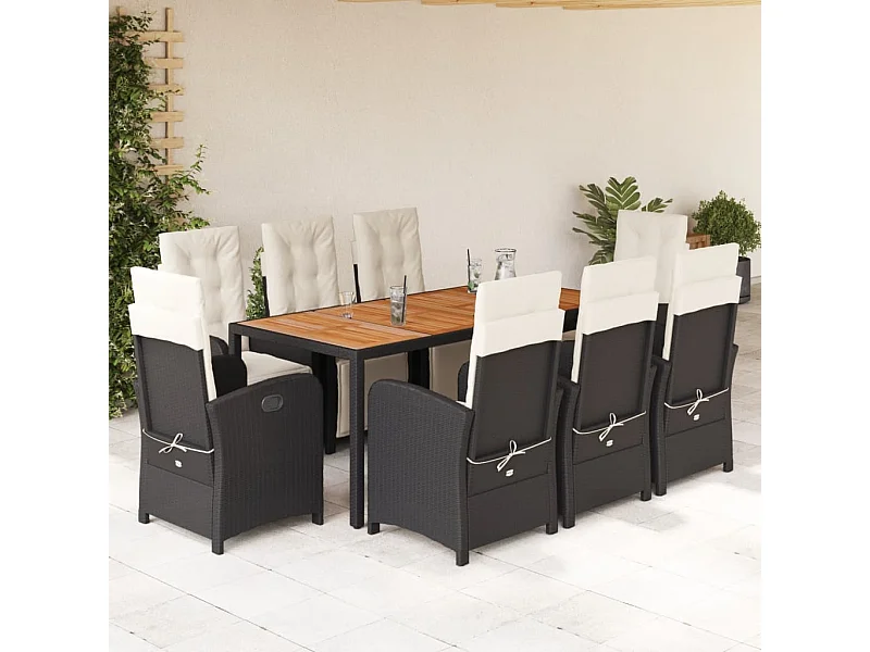 Ensemble à manger de jardin 9 pièces coussins noir résine tressée