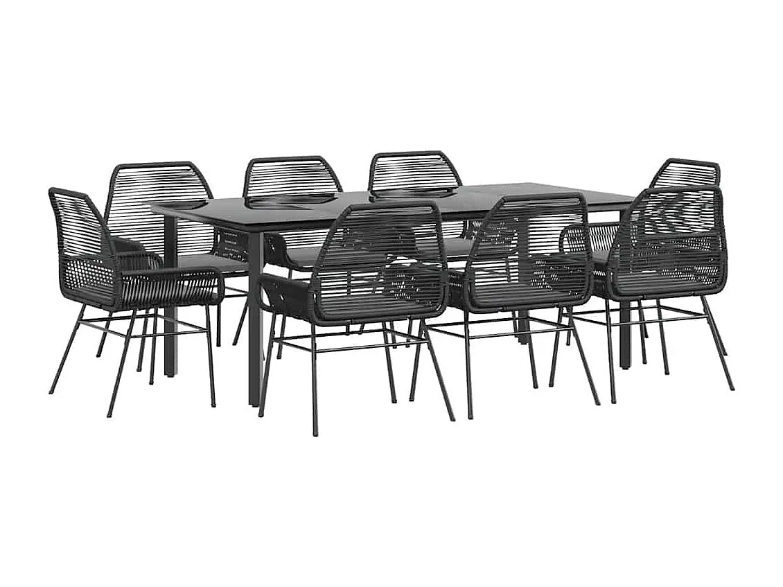 Ensemble à manger de jardin coussins 9 pièces noir poly rotin verre