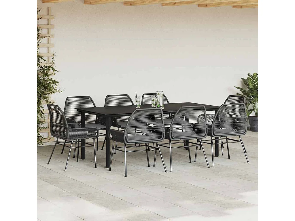 Ensemble à manger de jardin coussins 9 pièces noir poly rotin verre