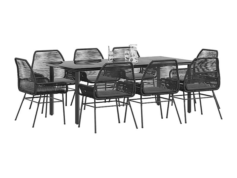 Ensemble à manger de jardin coussins 9 pièces noir poly rotin verre