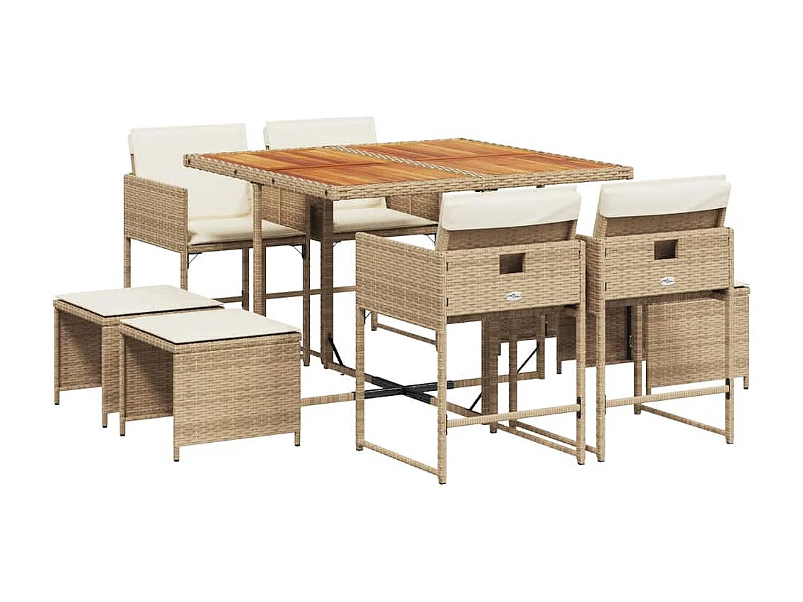 Ensemble à manger de jardin et coussins 9 pièces beige Poly rotin