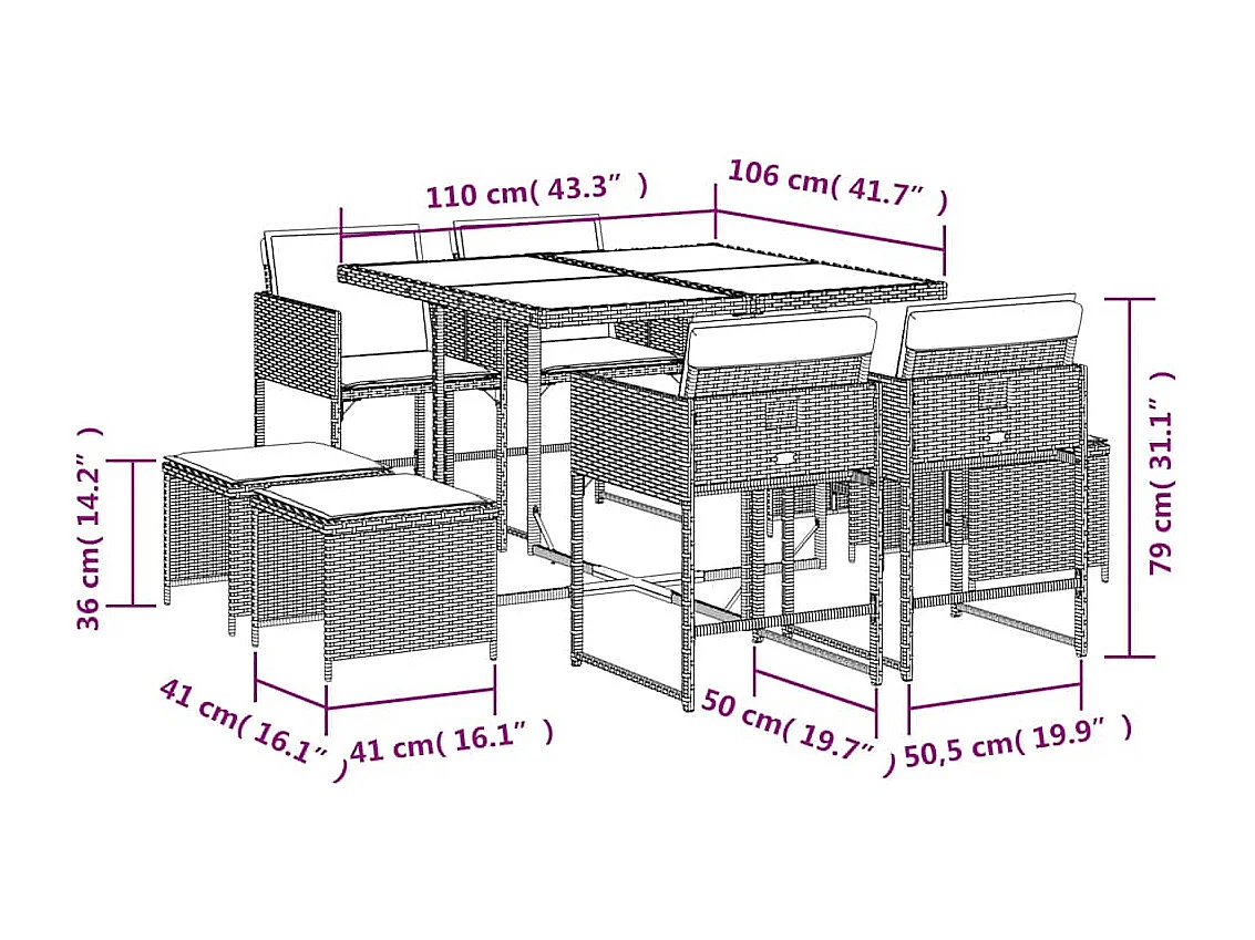 Ensemble à manger de jardin et coussins 9 pièces beige Poly rotin