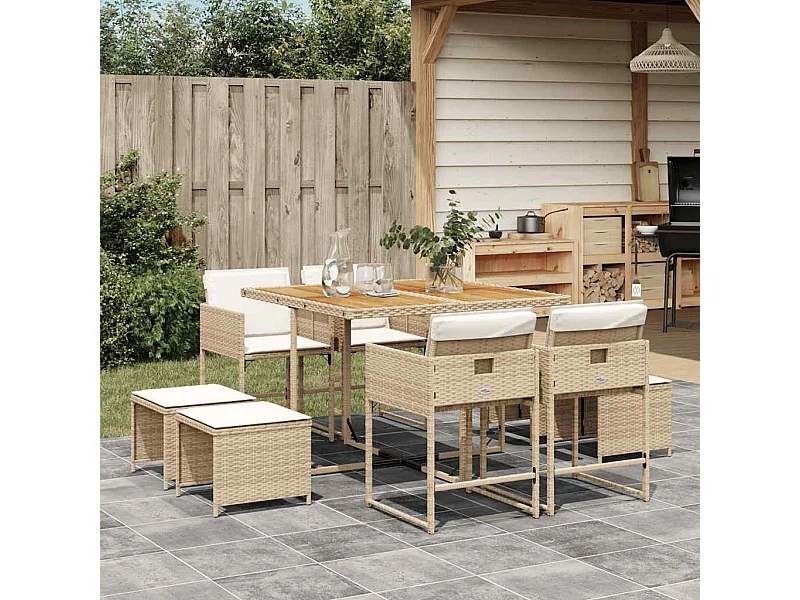 Ensemble à manger de jardin et coussins 9 pièces beige Poly rotin