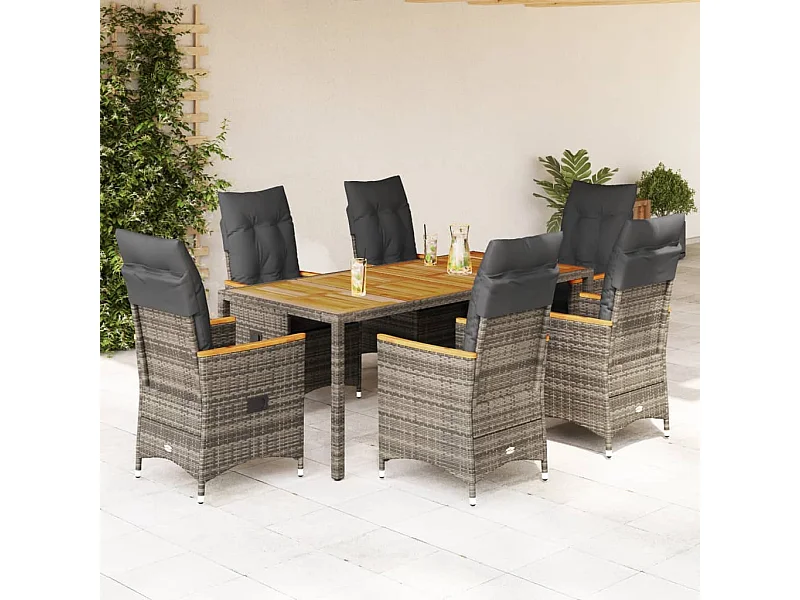 Ensemble à manger de jardin et coussins 7 pièces gris rotin