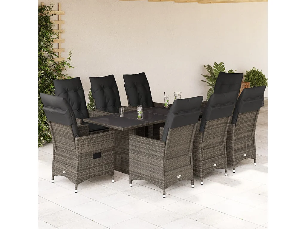 Set comedor jardín 9 piezas y cojines ratán sintético gris